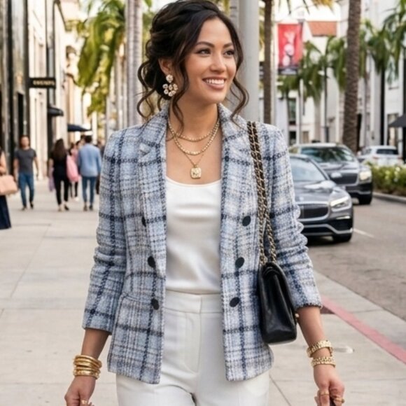 Jones New York Jackets & Blazers - Jones New York NWT Petite S Blue Plaid Tweed Blazer Open Front Jacket Small
